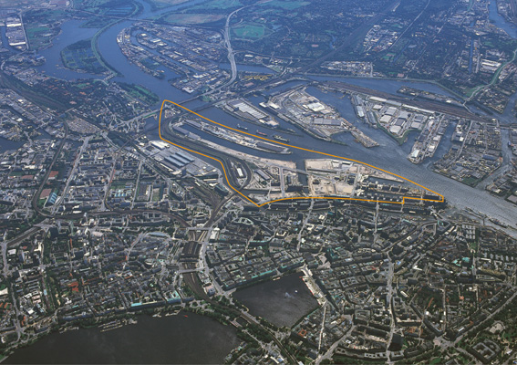 Ein noch größeres Ausschnitt des Hafens - Gut zu erkennen sind die vielen Wasserflächen zwischen Wilhelmsburg und der HafenCity