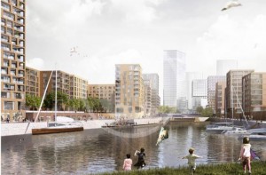 Blick über den Baakenhafen in das künftige Zentrum des Quartiers Elbbrücken nach dem Siegerentwurf von Hosoya Schaefer Architects, Zürich (© Hosoya Schaefer Architects)